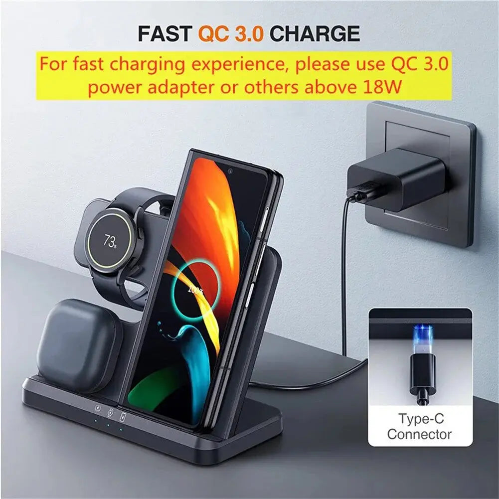 3 In 1 Wireless Charging Station Holder Multiple Devices Wireless Charger Dock With Type C Cable For Watch Earphones Smart Phone Pinnacle Luxuries