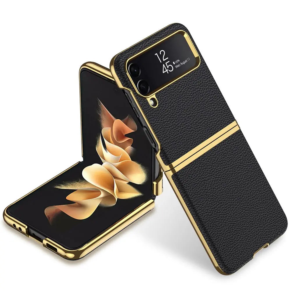 Vintage Leather Gold Trim Case For Samsung Galaxy Z Flip 4 - Pinnacle Luxuries