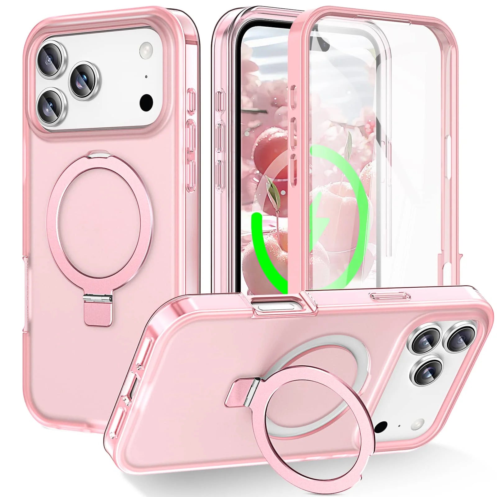 iPhone 17 Pro Max Shockproof Ring Kickstand Case with Built-in Screen Protector – Full-Body Dual-Layer MagSafe Cover