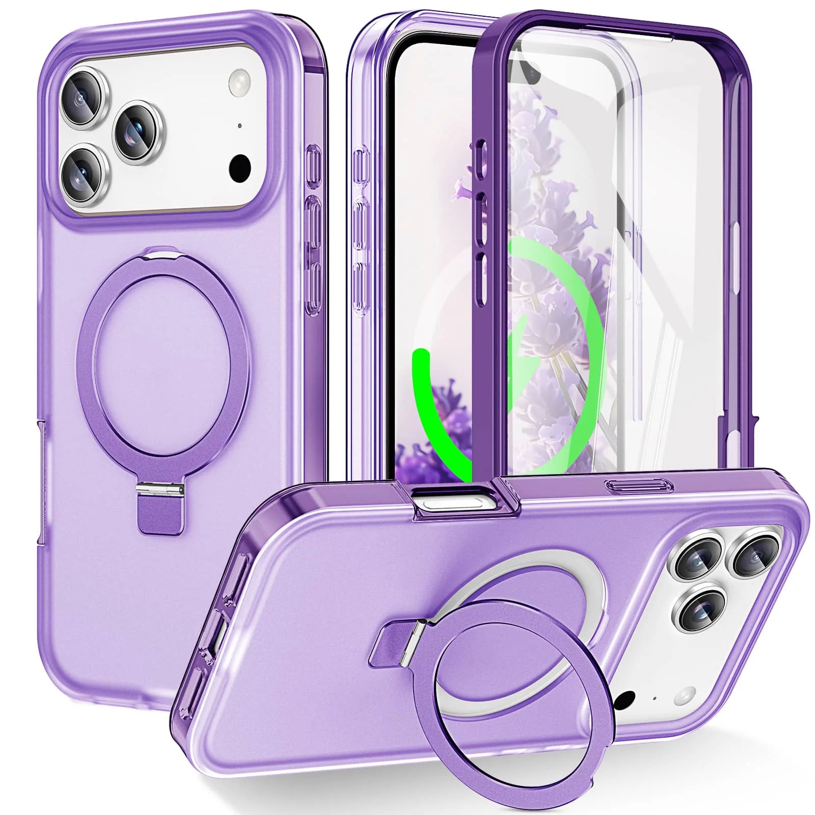 iPhone 17 Pro Max Shockproof Ring Kickstand Case with Built-in Screen Protector – Full-Body Dual-Layer MagSafe Cover