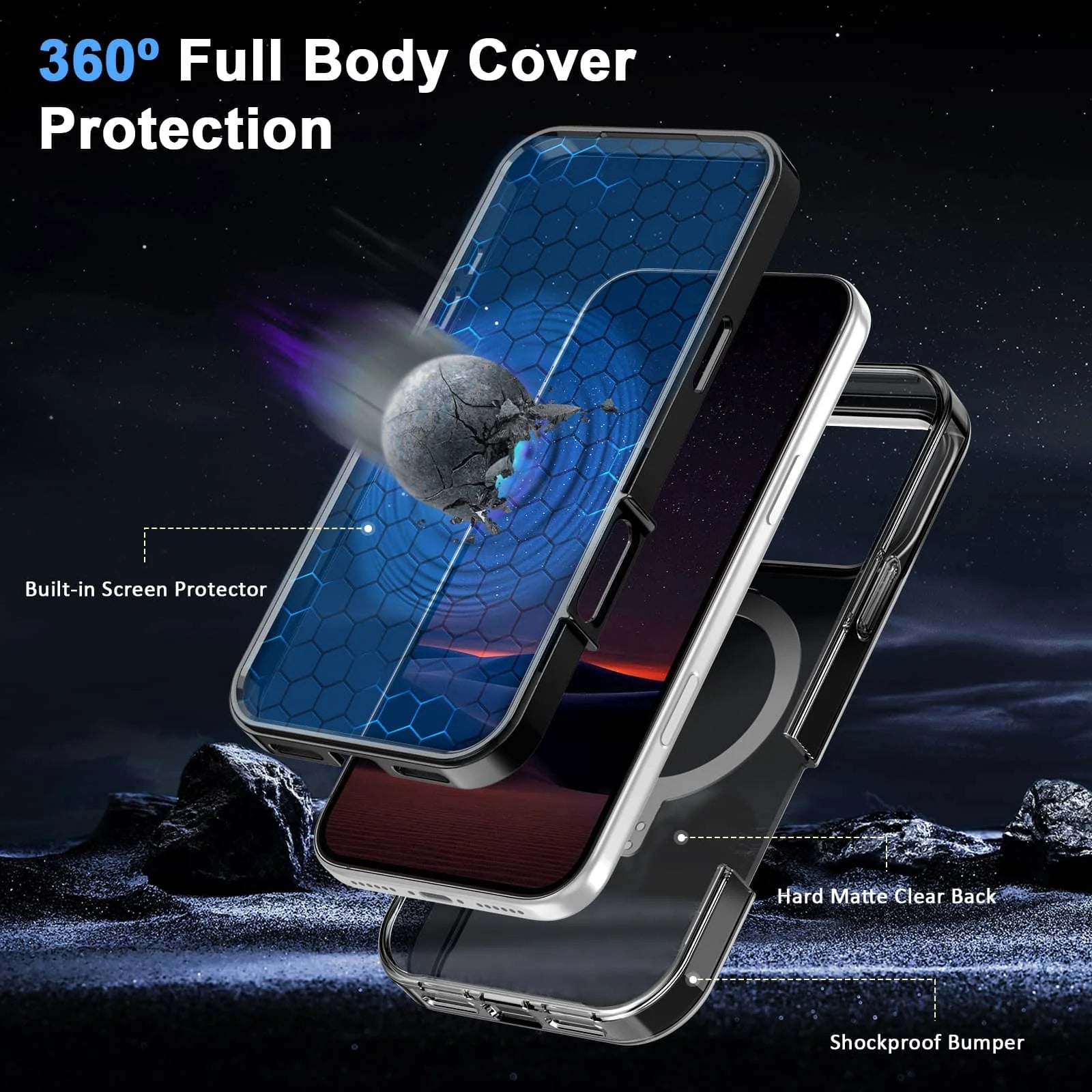 iPhone 17 Pro Max Shockproof Ring Kickstand Case with Built-in Screen Protector – Full-Body Dual-Layer MagSafe Cover